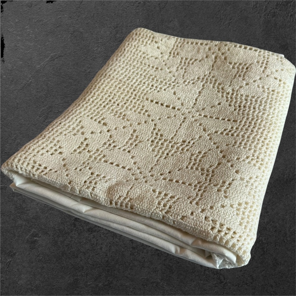 Vintage White/Cream Crochet Panel Tablecloth Lace Edge Cottage Farmhouse 54x80